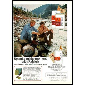 1974 Raleigh Cigarettes Vintage Print Ad Gold Mining Mountains River Panning